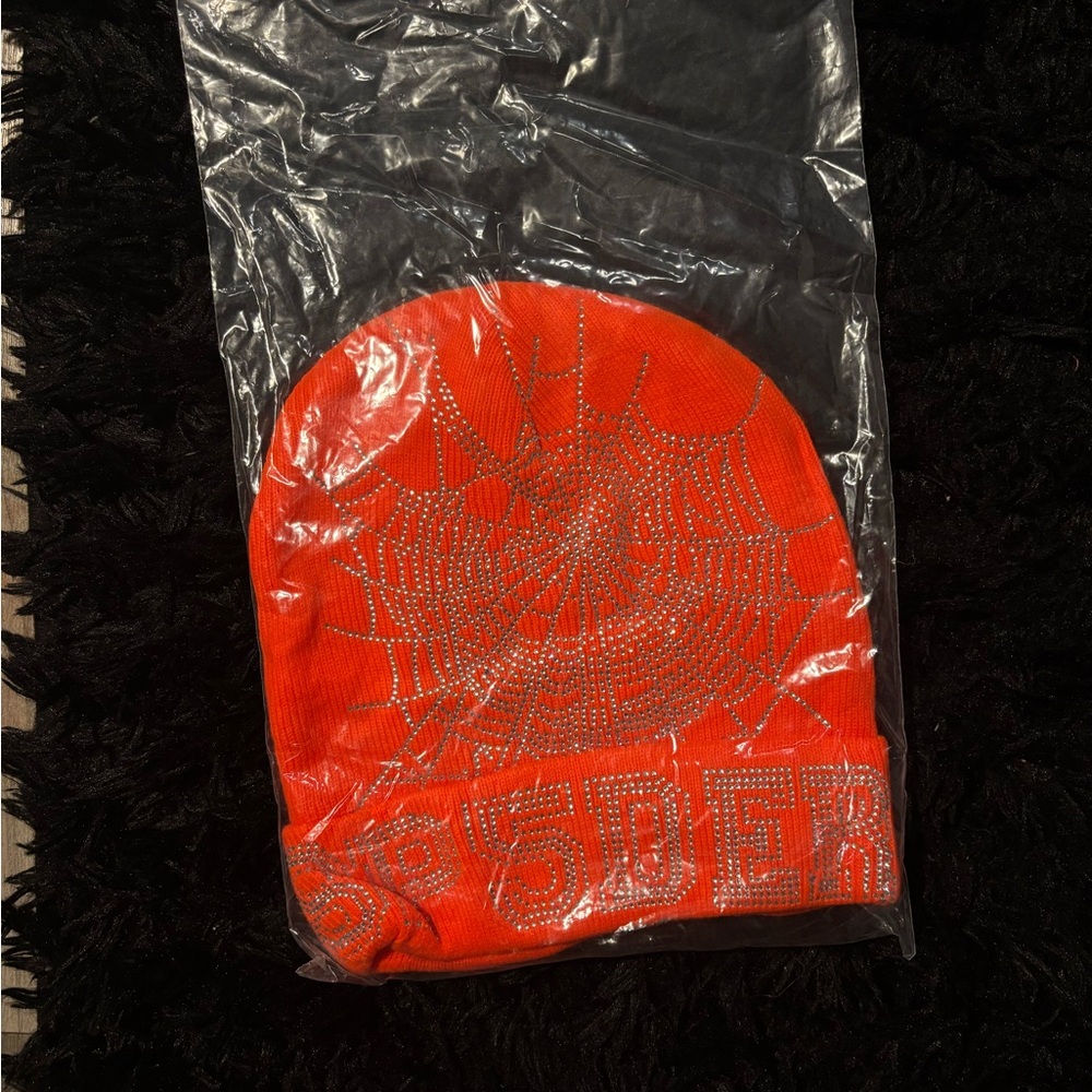 Vibrant Orange Beanie with Rhinestone Web Design - Picture 2 of 4